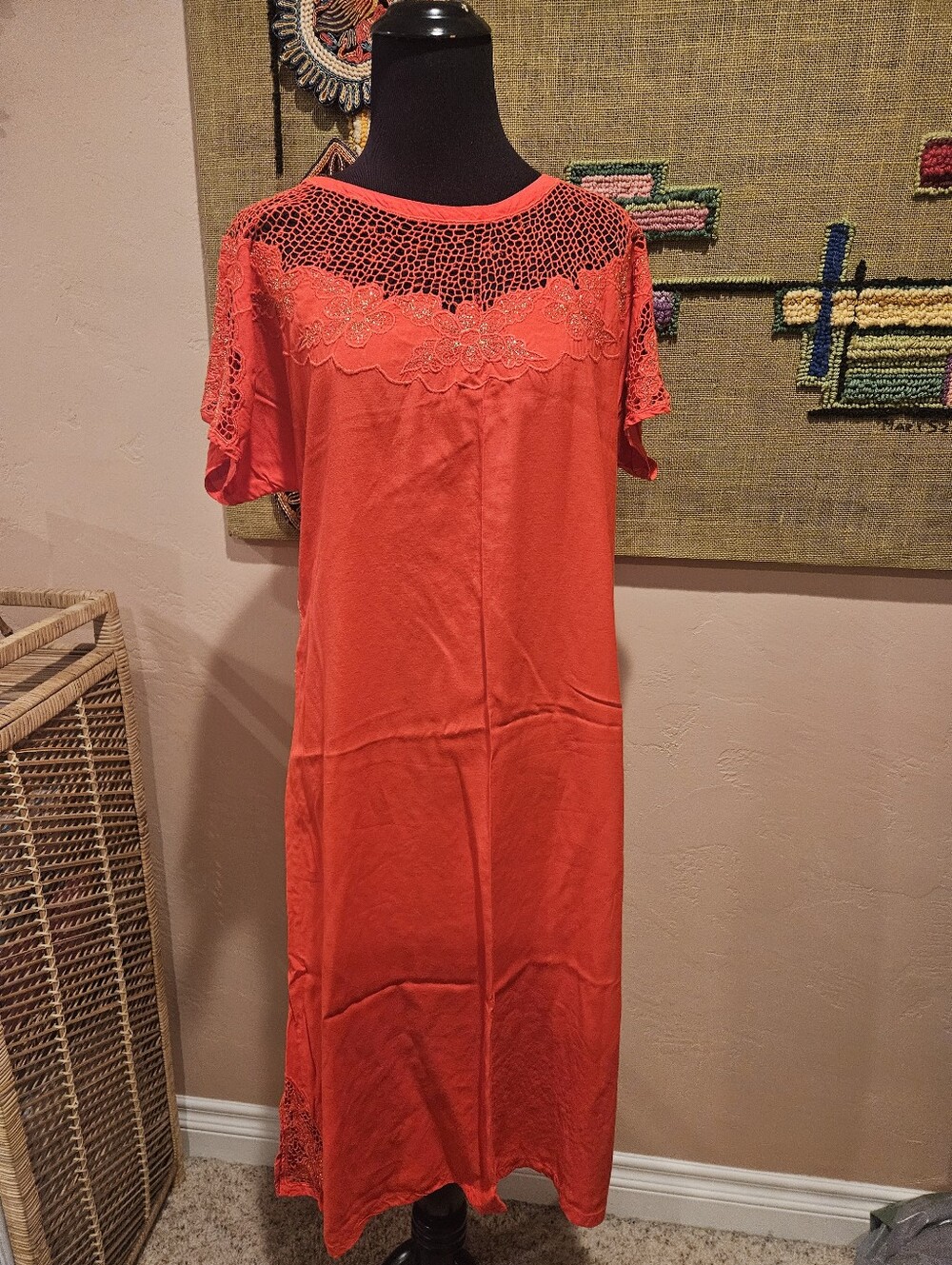 Vintage Contempo Casuals 70s Crochet Lave Trim Midi Dress❤️